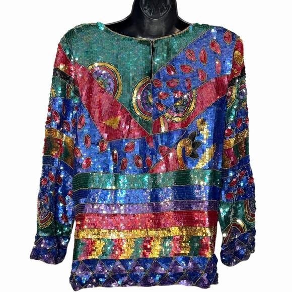VTG 80 90s JEAN FOR JOSEPH LE BON COLORFUL RETRO SEQUIN TOP HOLIDAY PARTY GLAM L - Picture 4 of 5